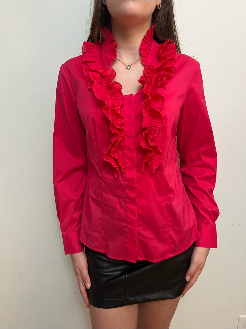 Tracy M Hot Pink Ruffled Blouse - Size M Long Sleeve V-Neck Frill Shirt